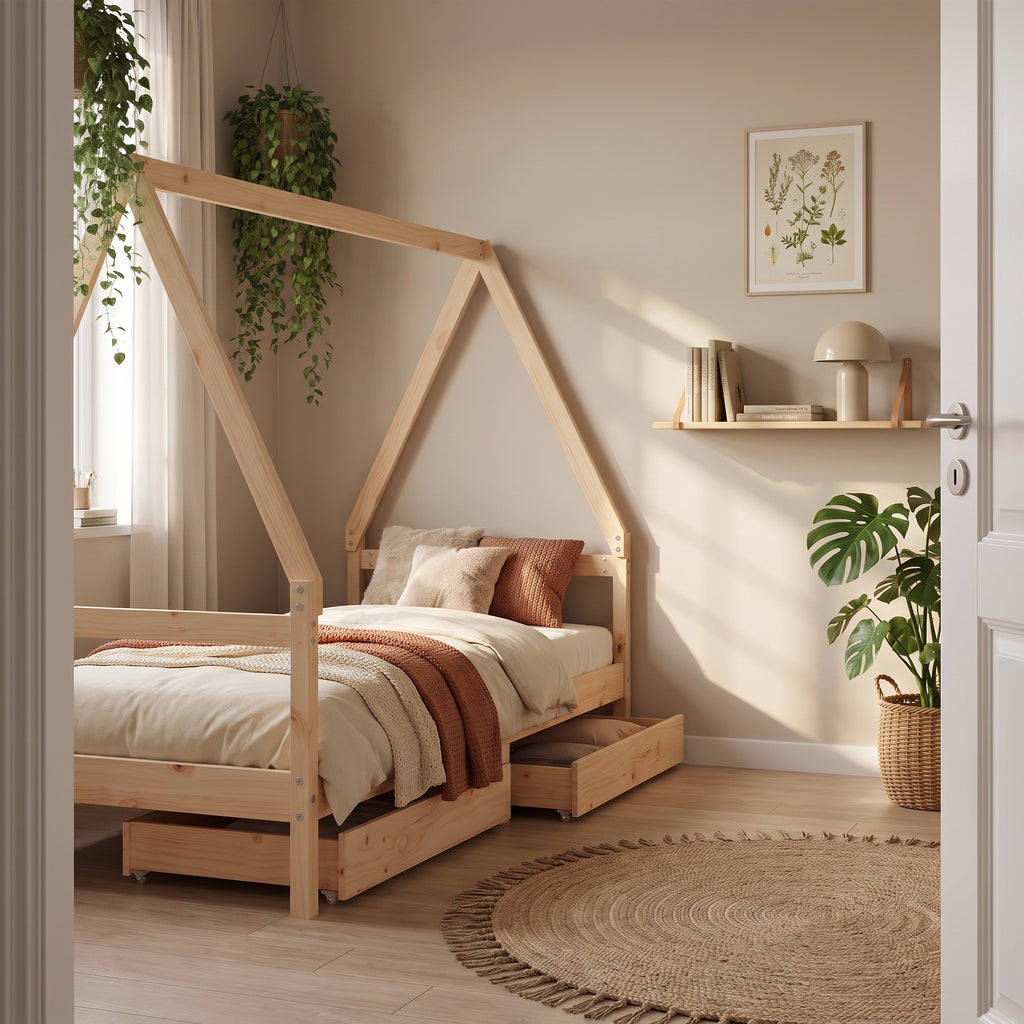 Lit Cabane SACHA 90x 190 cm -  Bois Massif avec Tiroirs de Rangement