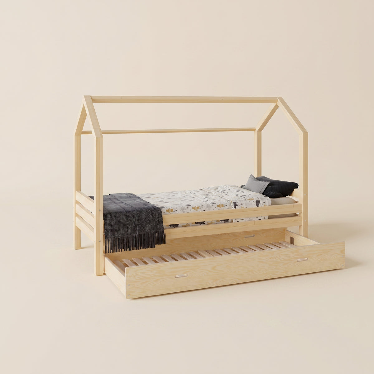 Lit cabane enfant TIAGO avec lit gigogne – Bois massif