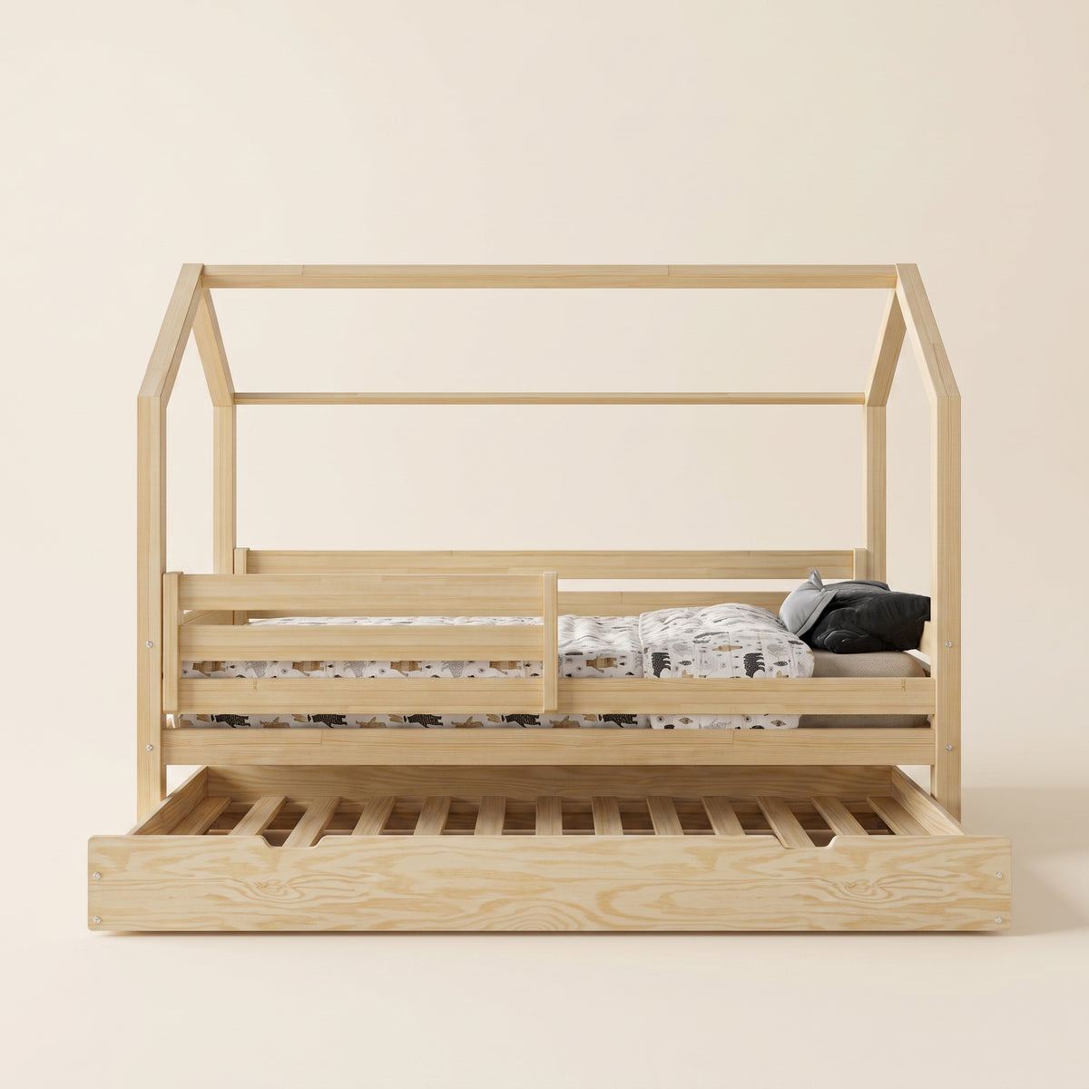 Lit cabane enfant TIAGO avec lit gigogne – Bois massif
