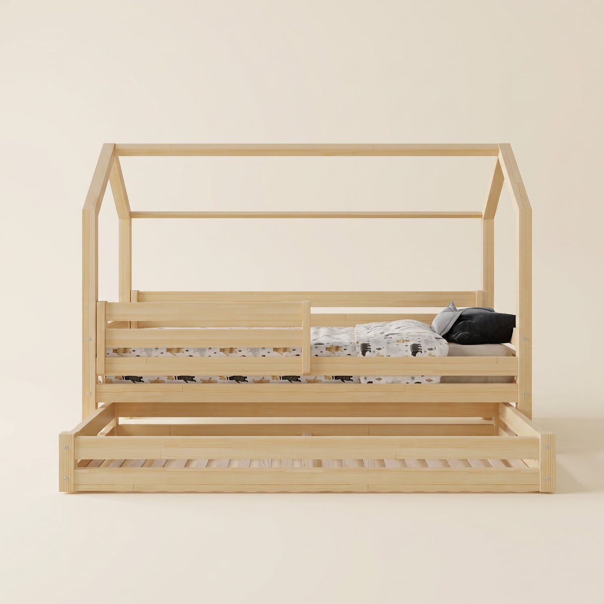 Lit cabane enfant TIAGO avec lit gigogne – Bois massif