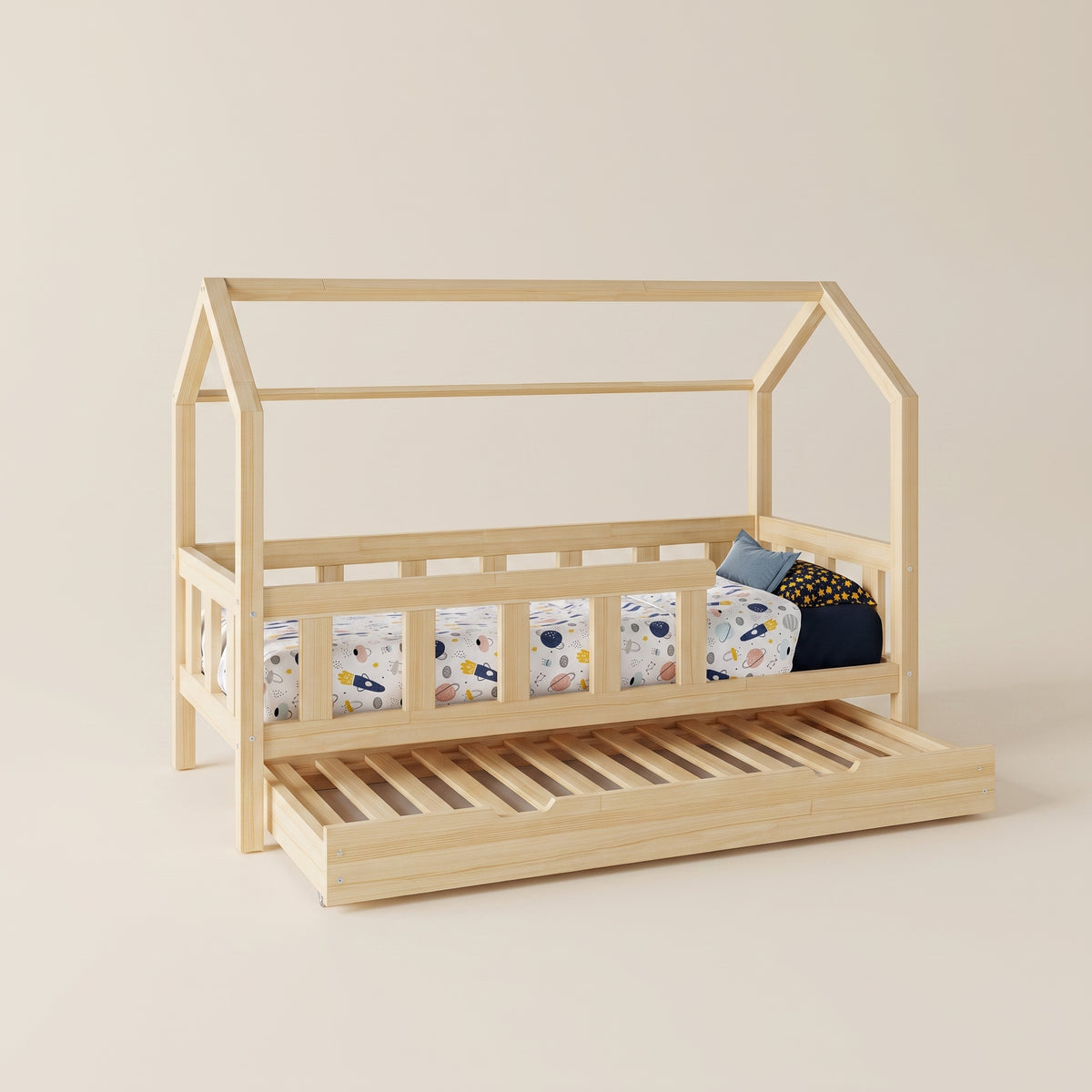 Lit cabane enfant LOUKA avec tiroirs – Barrière à barreaux et bois massif