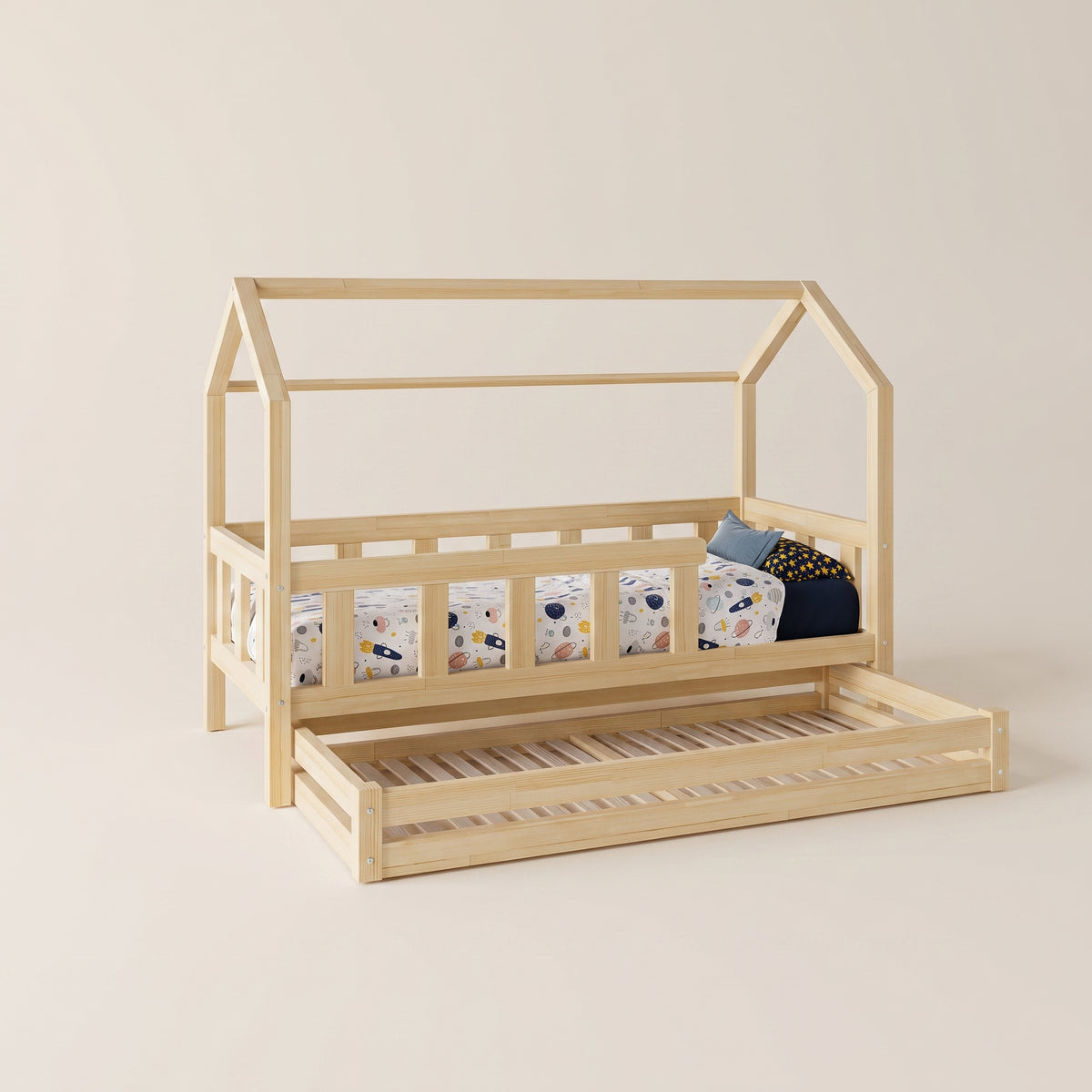 Lit cabane enfant LOUKA avec tiroirs – Barrière à barreaux et bois massif