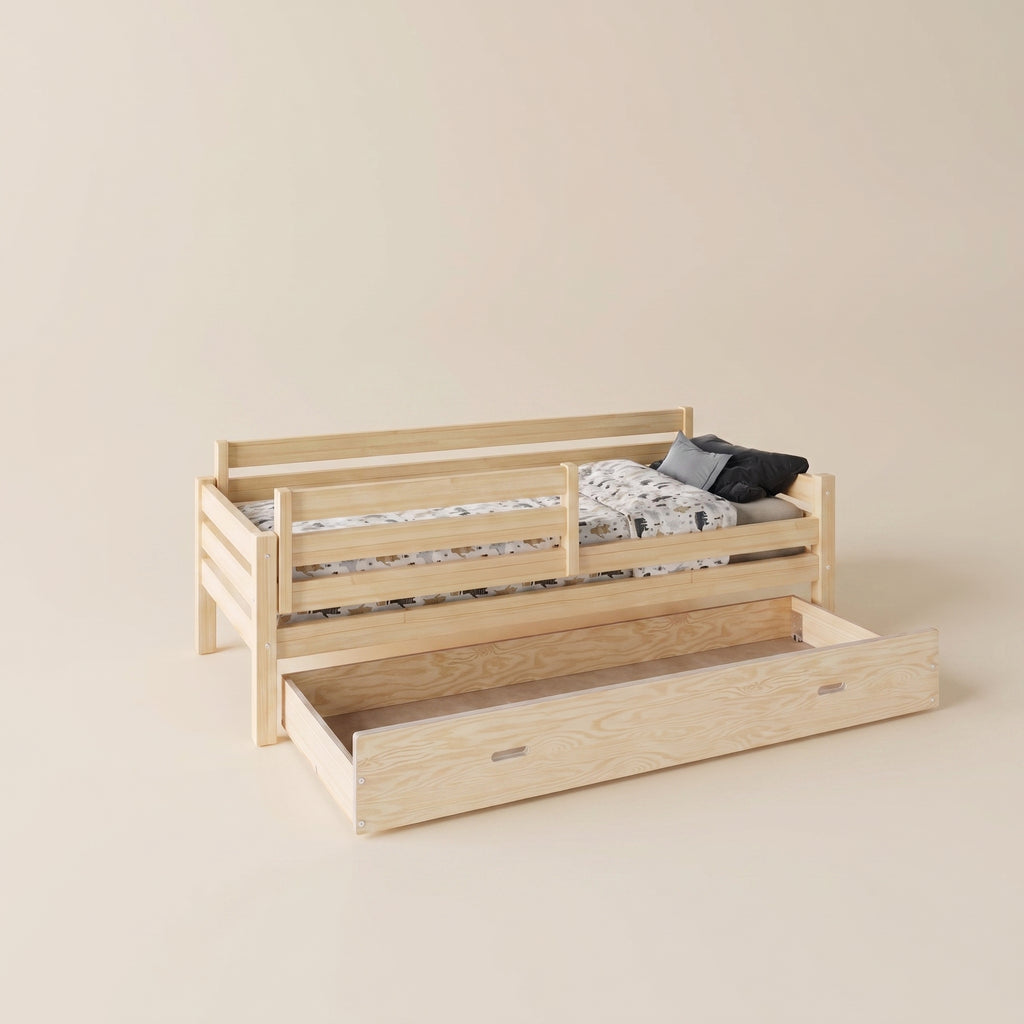 Lit enfant Montessori LENI avec tiroir – Barrière amovible et bois massif