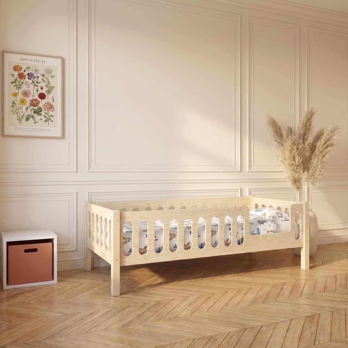 Barreaux aux lignes douces du lit Montessori TAO, détail du bois