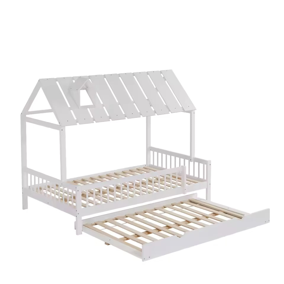 Lit Cabane Oscar 120x200 - Blanc avec Lit Gigogne et Barrières de Sécurité