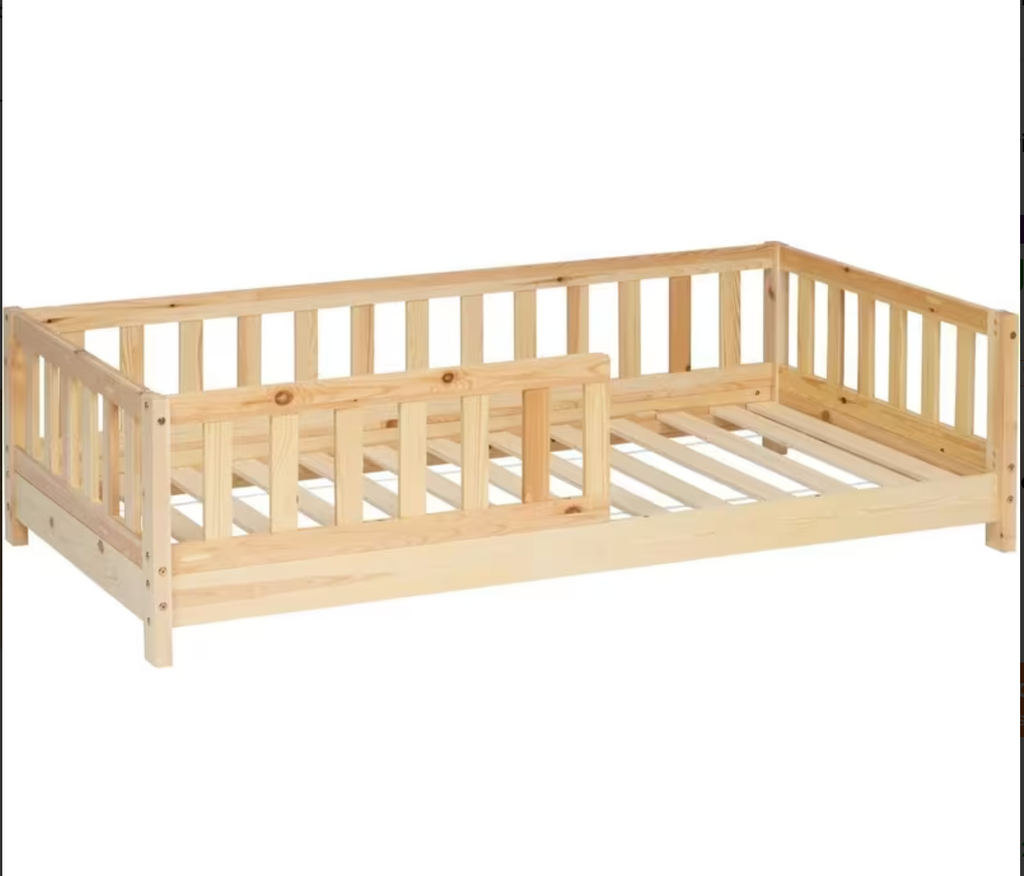 Lit Montessori - TIMO 90x190 - Bois Naturel avec Barrières de Sécurité