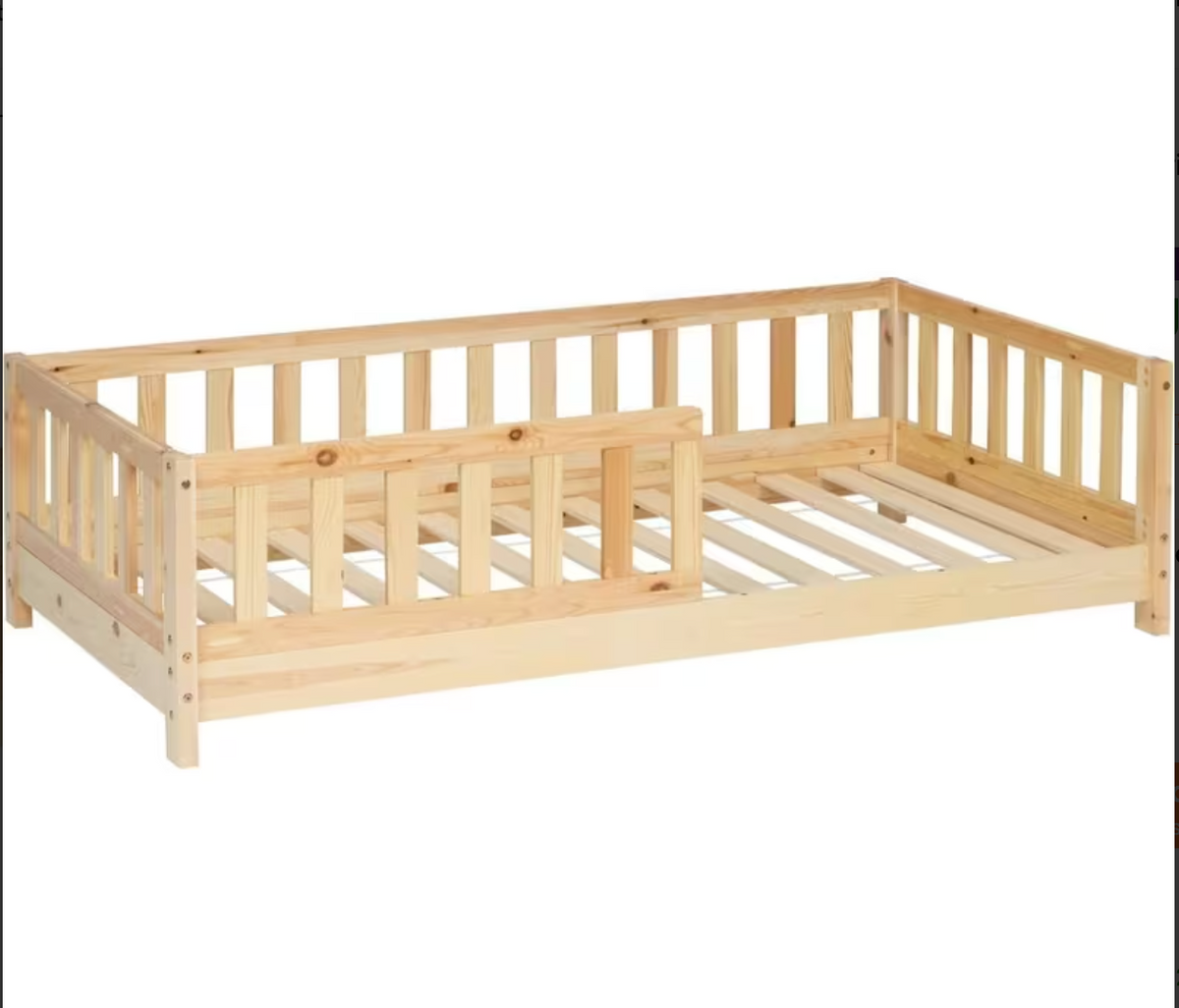 Lit Montessori - TIMO 90x190 - Bois Naturel avec Barrières de Sécurité