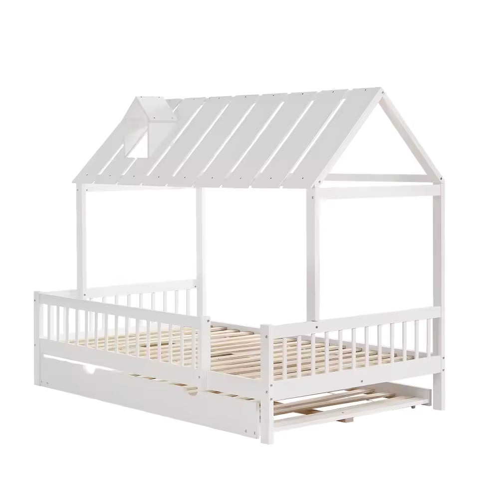 Lit Cabane Oscar 120x200 - Blanc avec Lit Gigogne et Barrières de Sécurité