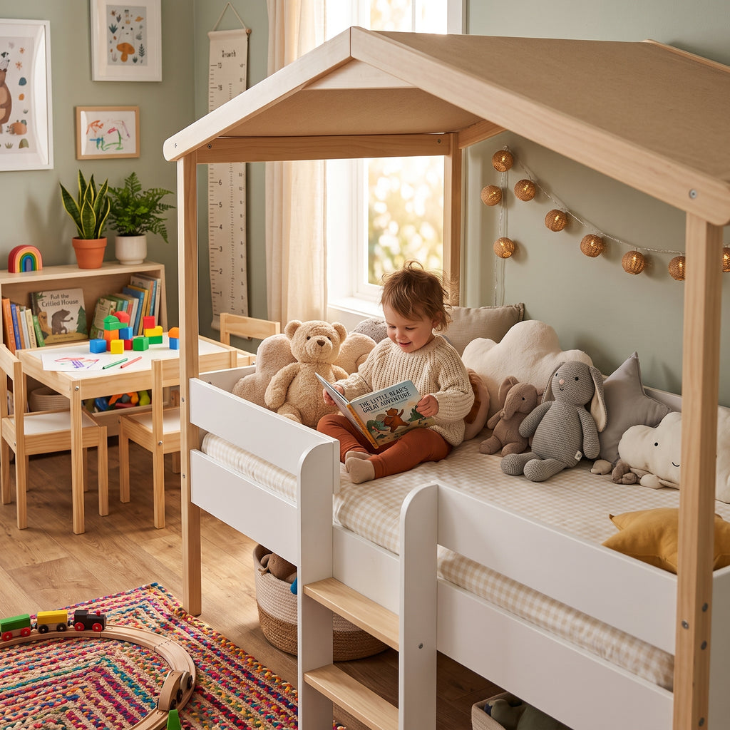 Lit Cabane PILOTI 90x190 - Blanc et Bois Clair + Sommier Inclus