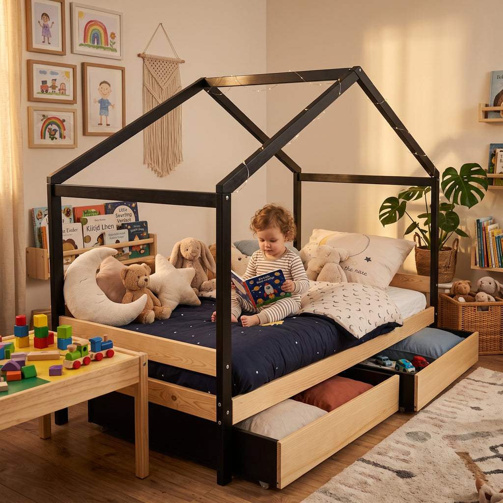 Lit Cabane ETOILE 90x190 - Brut et Noir + 2 Tiroirs + Sommier Inclus
