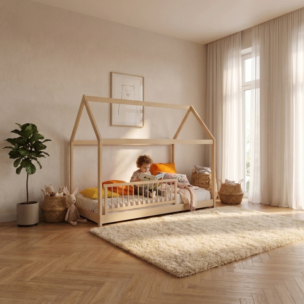 Lit Cabane PANDA 90x190 - Barrière de Sécurité + Sommier Inclus