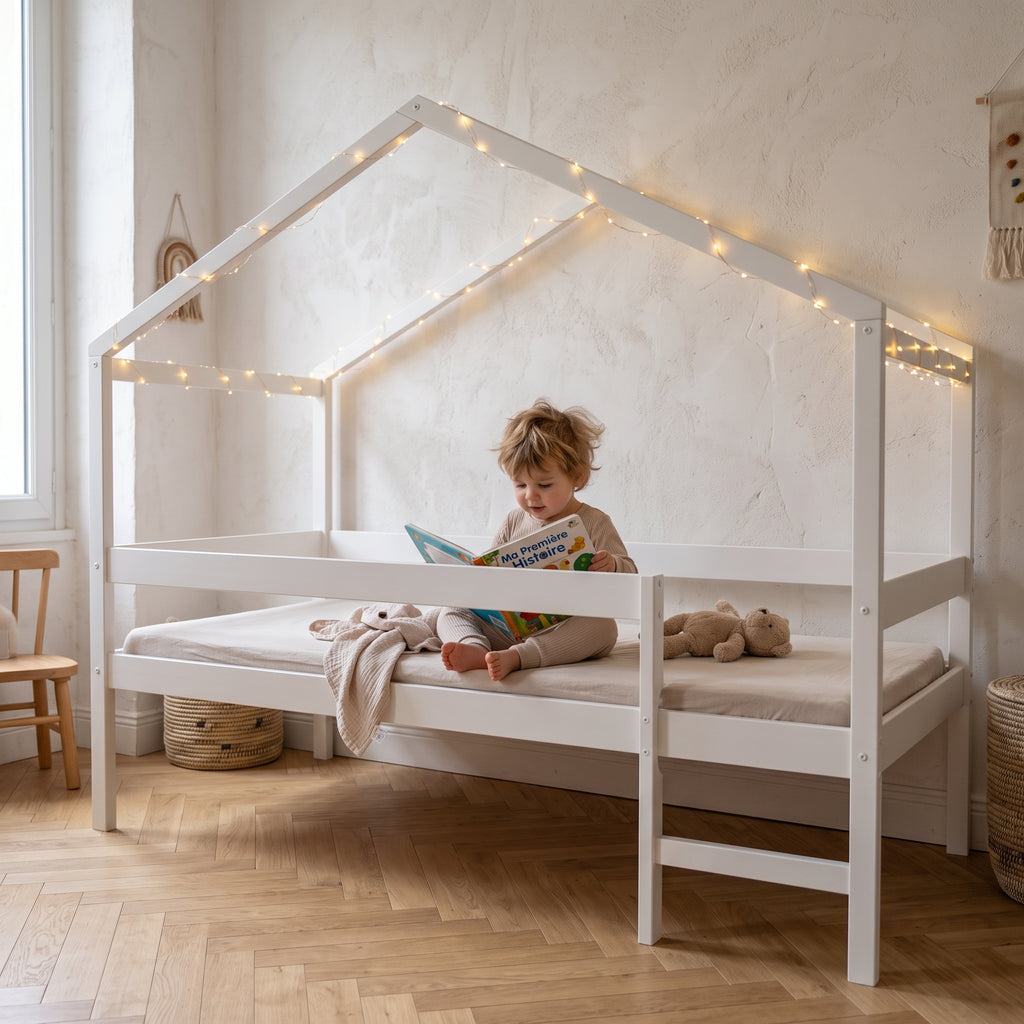 Lit Cabane MIKA 90x190 - Bois Massif Blanc + Sommier Inclus