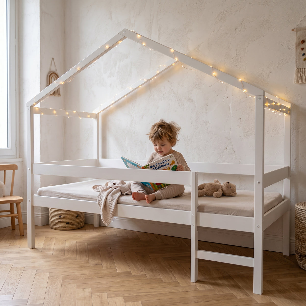 Lit Cabane MIKA 90x190 - Bois Massif Blanc + Sommier Inclus