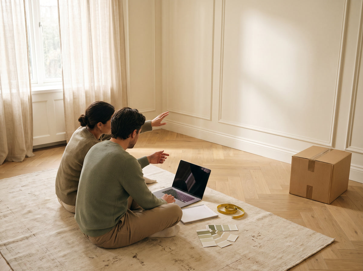 Deux adultes discutent de l’aménagement d’une chambre d’enfant