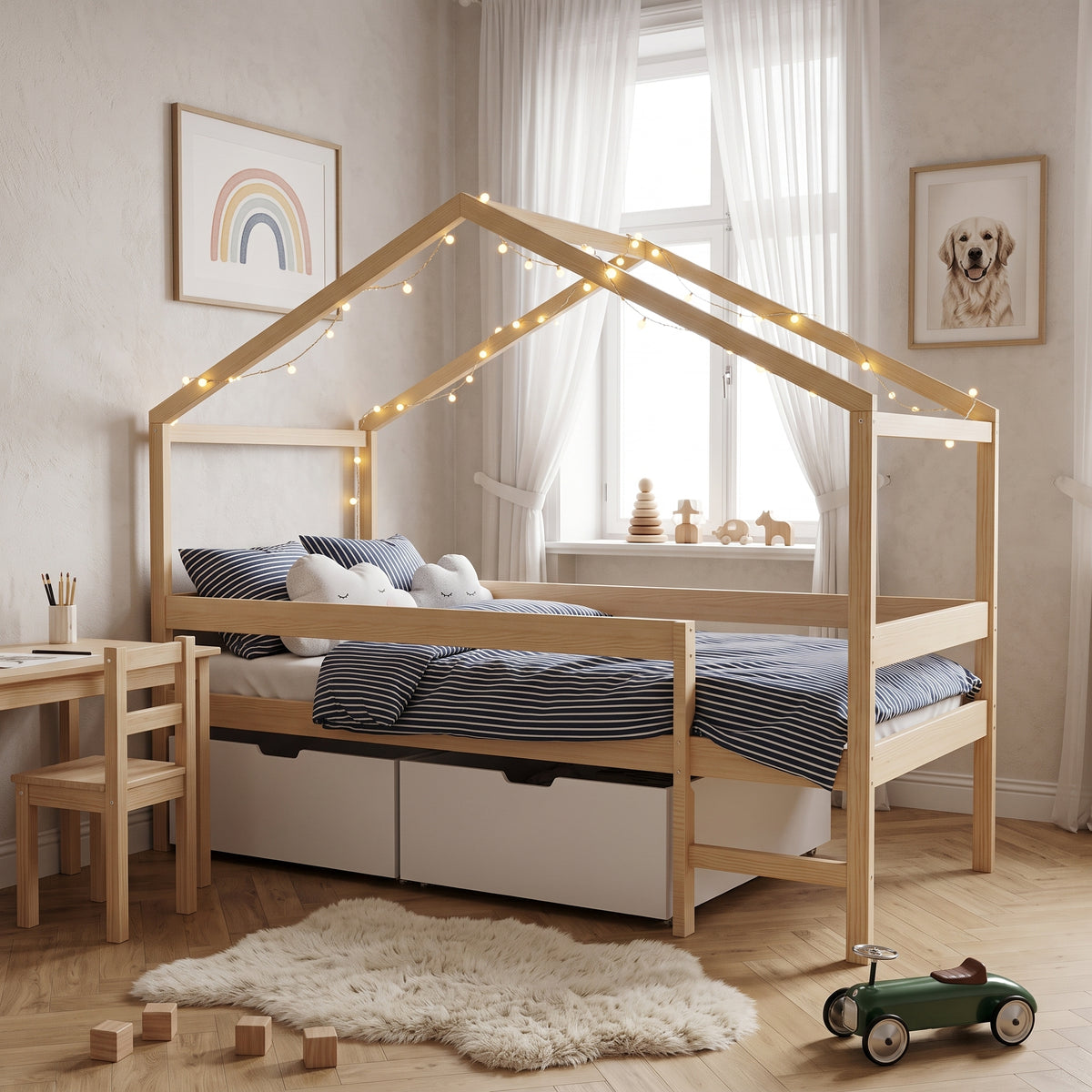 Lit Cabane MIKA 90x190 - Bois Massif Naturel + Sommier Inclus