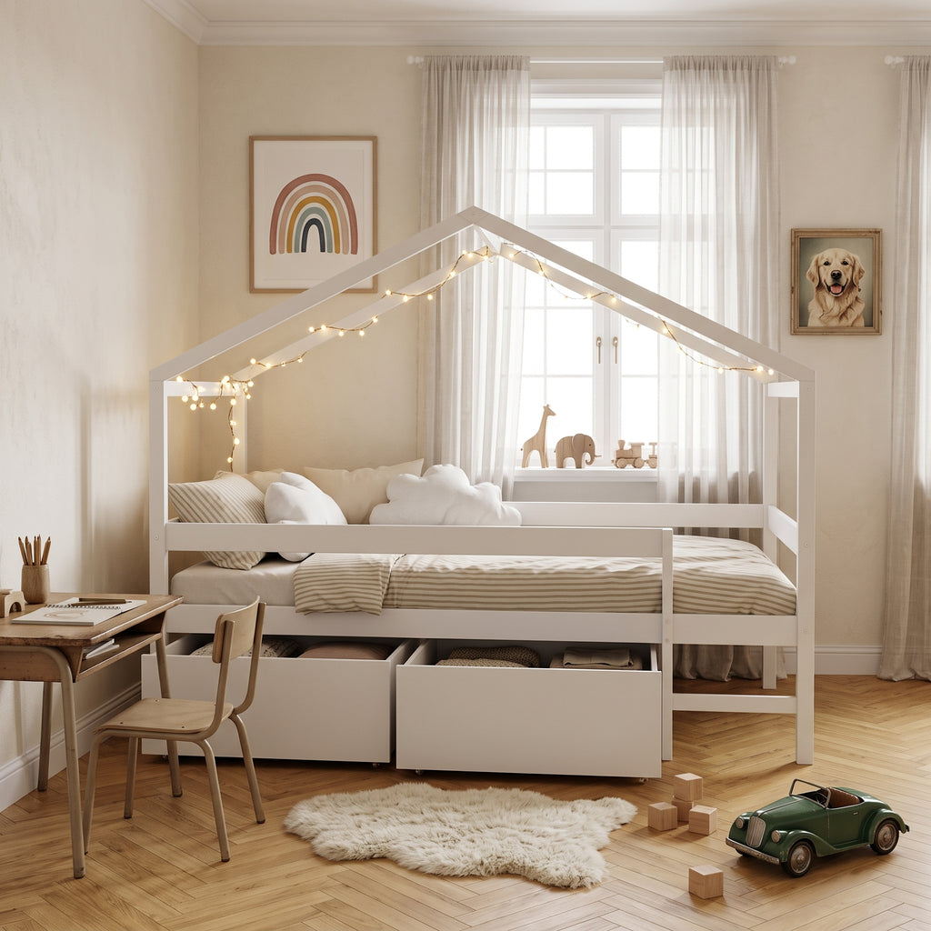 Lit Cabane MIKA 90x190 - Bois Massif Blanc + Sommier Inclus