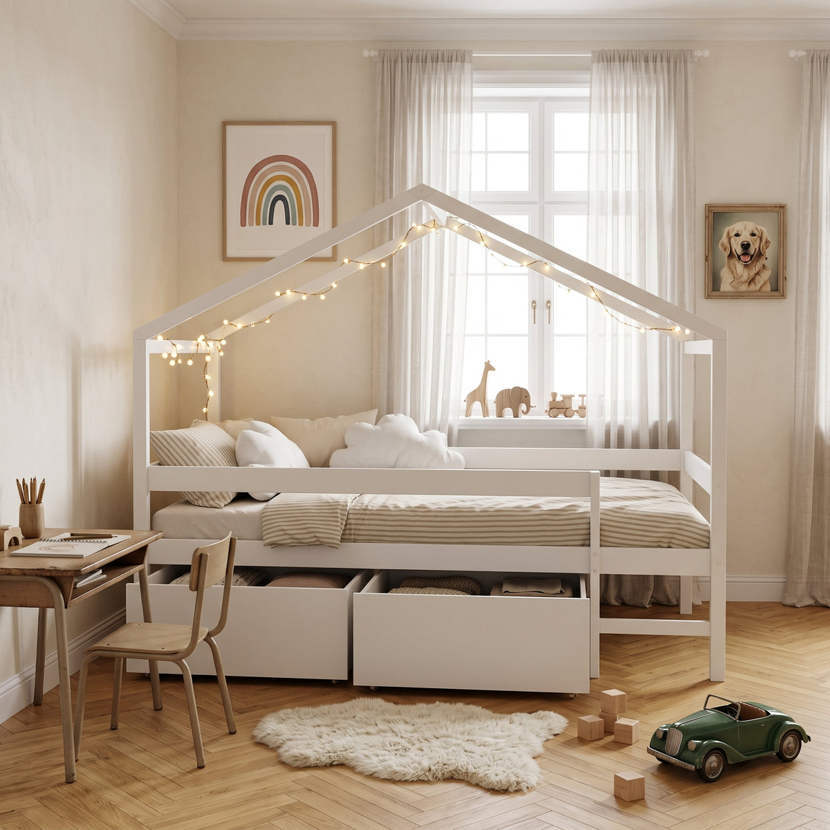 Lit Cabane MIKA 90x190 - Bois Massif Blanc + Sommier Inclus