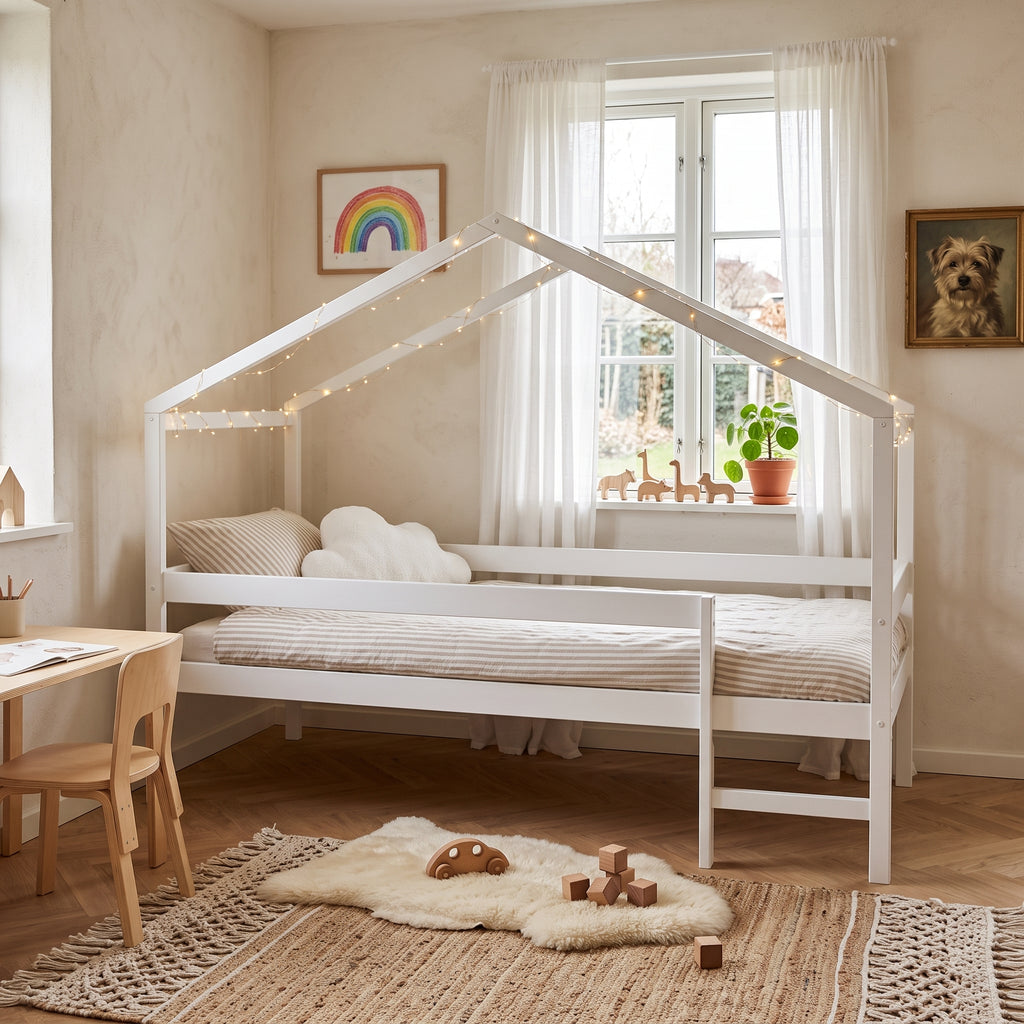 Lit Cabane MIKA 90x190 - Bois Massif Blanc + Sommier Inclus