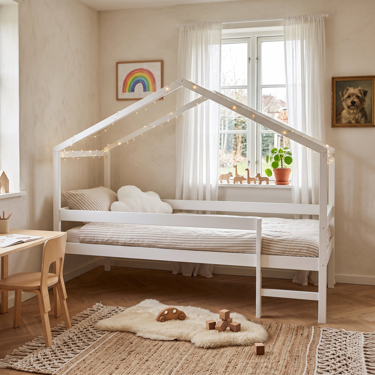 Lit Cabane MIKA 90x190 - Bois Massif Blanc + Sommier Inclus