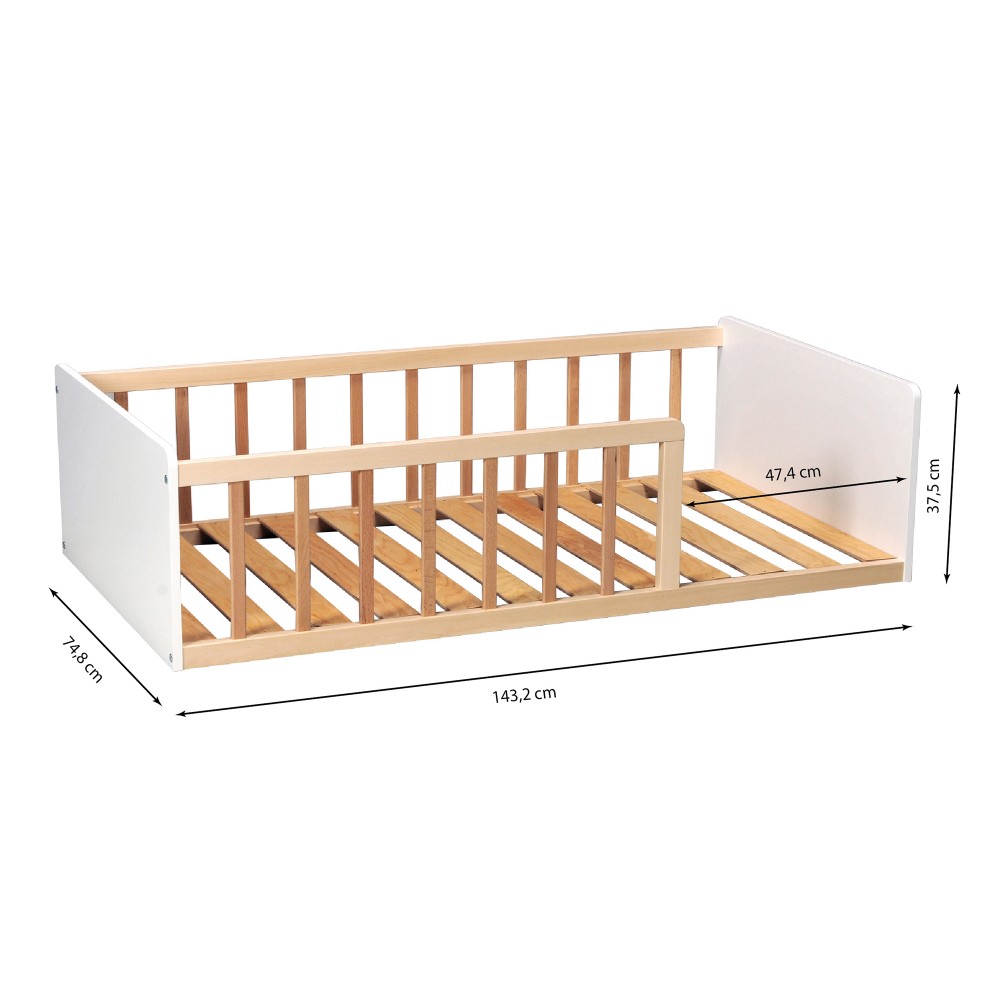 Lit Montessori PILOU Bois Clair et Blanc + Sommier Inclus