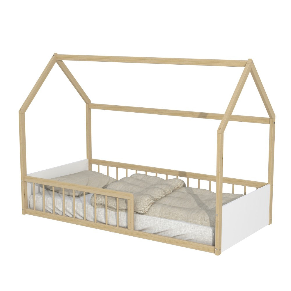 Lit Cabane BALOO 90x190 - Blanc et Bois Clair + Barrière + Sommier Inclus