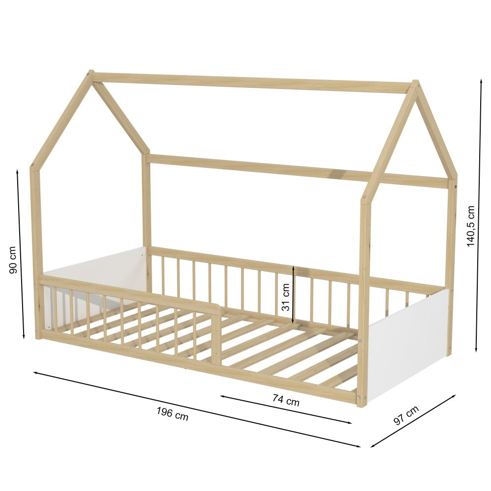 Lit Cabane BALOO 90x190 - Blanc et Bois Clair + Barrière + Sommier Inclus
