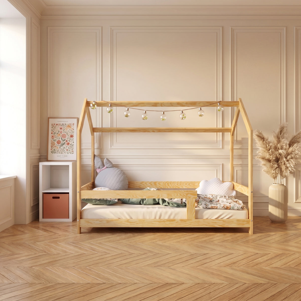 Lit cabane enfant BASILE – Barrière à barreaux, bois massif