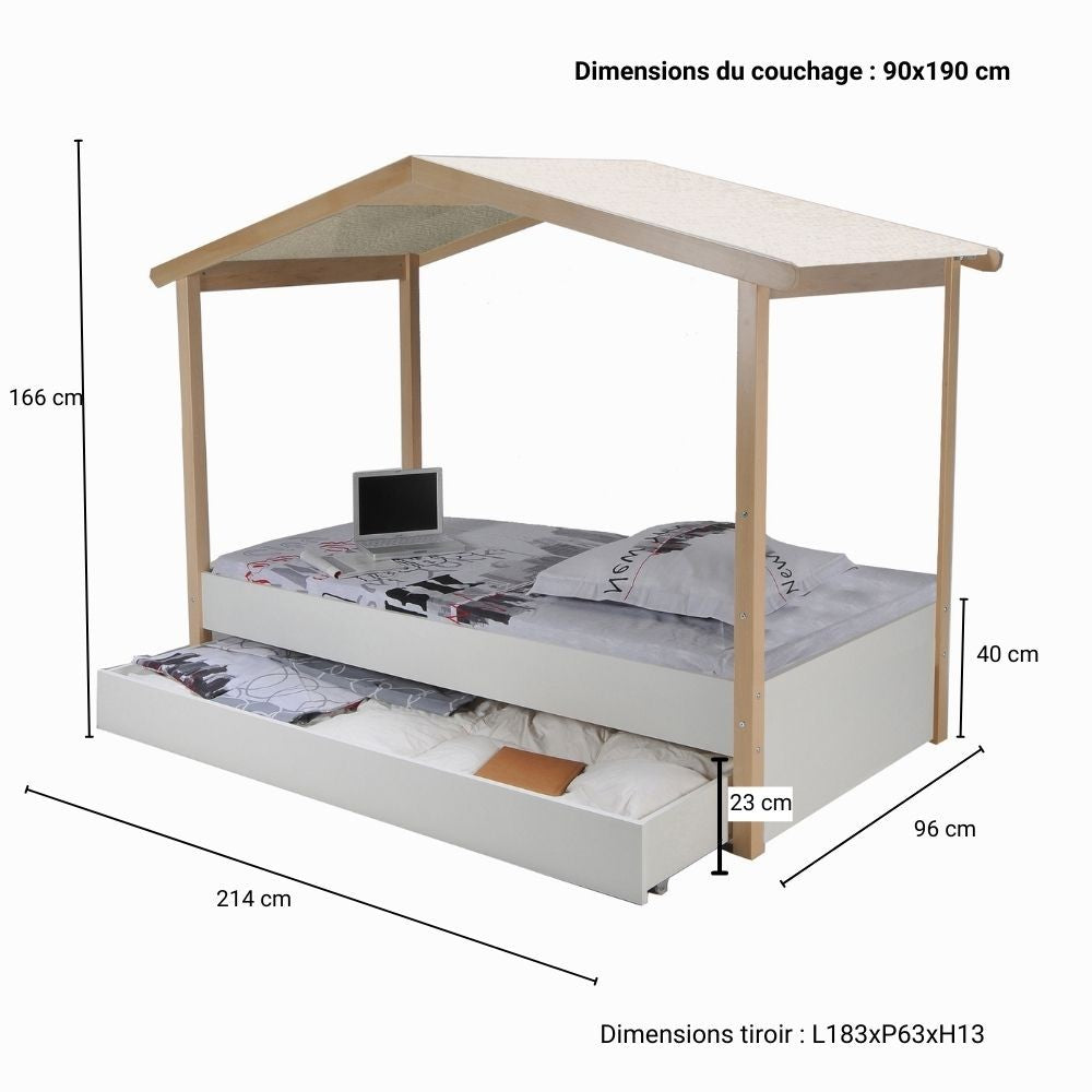 Lit Cabane NOE 90x190 + Tiroirs + Sommier Inclus
