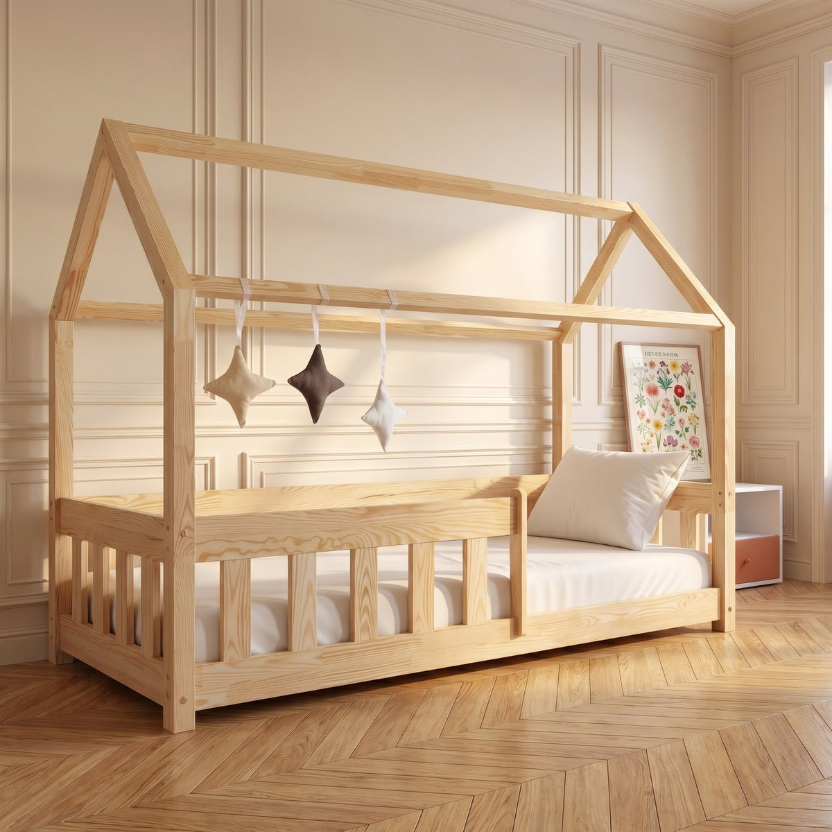 Lit cabane enfant AVEN 90x190 cm en pin brut non verni