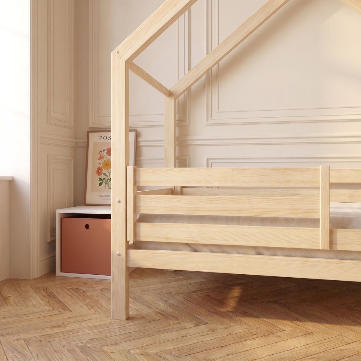 Lit cabane enfant ZOE 90x190 cm placé contre un mur de chambre d'enfant