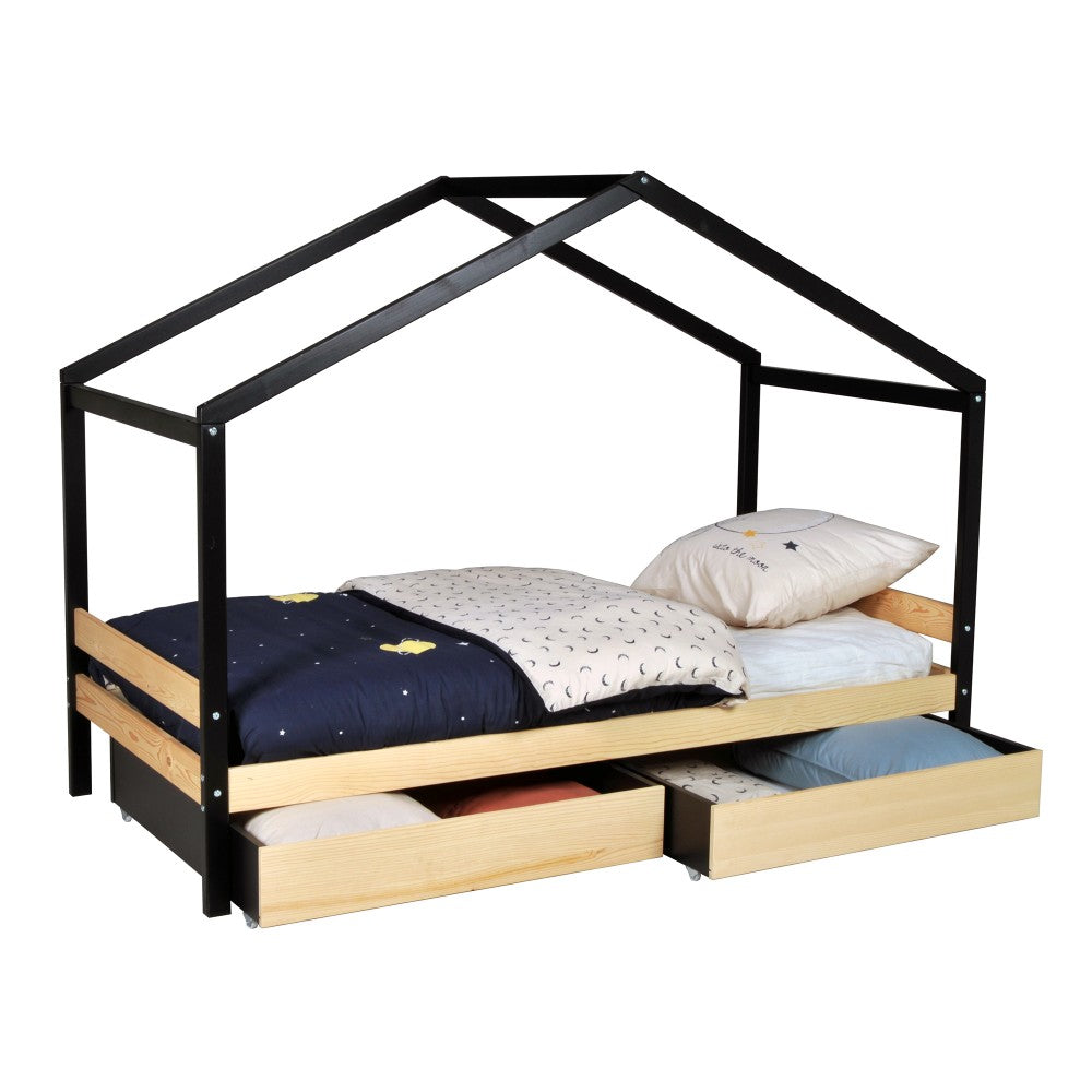 Lit Cabane ETOILE 90x190 - Brut et Noir + 2 Tiroirs + Sommier Inclus