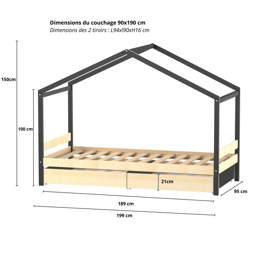 Lit Cabane ETOILE 90x190 - Brut et Noir + 2 Tiroirs + Sommier Inclus