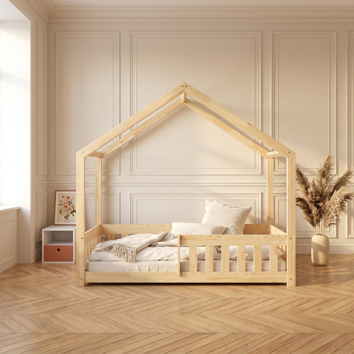 Lit cabane enfant GABIN – Toit haut et barrière, bois massif