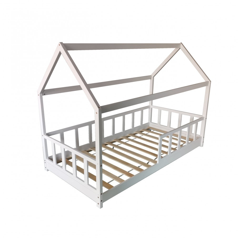 Lit Cabane KIWI 90x190 - Bois Clair Naturel + Barrière + Sommier Inclus