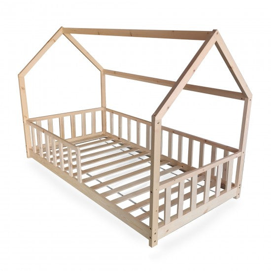 Lit Cabane KIWI 90x190 - Bois Clair Naturel + Barrière + Sommier Inclus