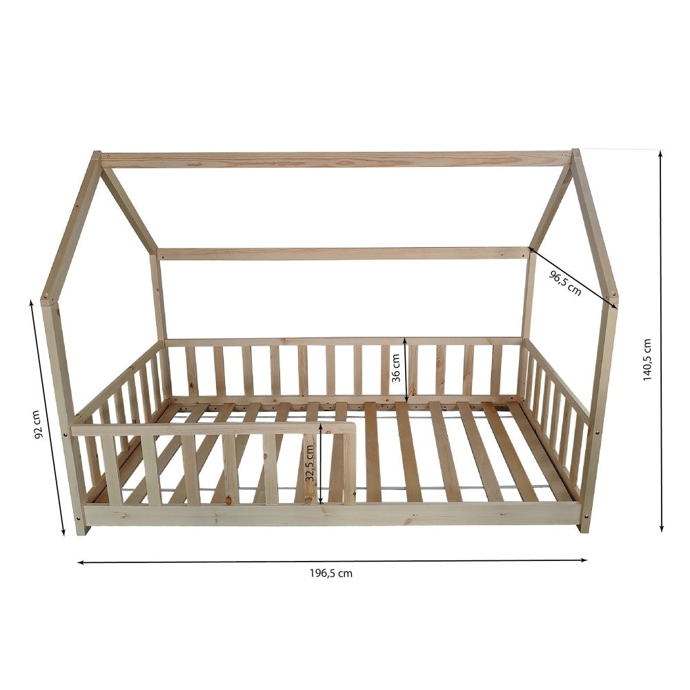 Lit Cabane KIWI 90x190 - Bois Clair Naturel + Barrière + Sommier Inclus