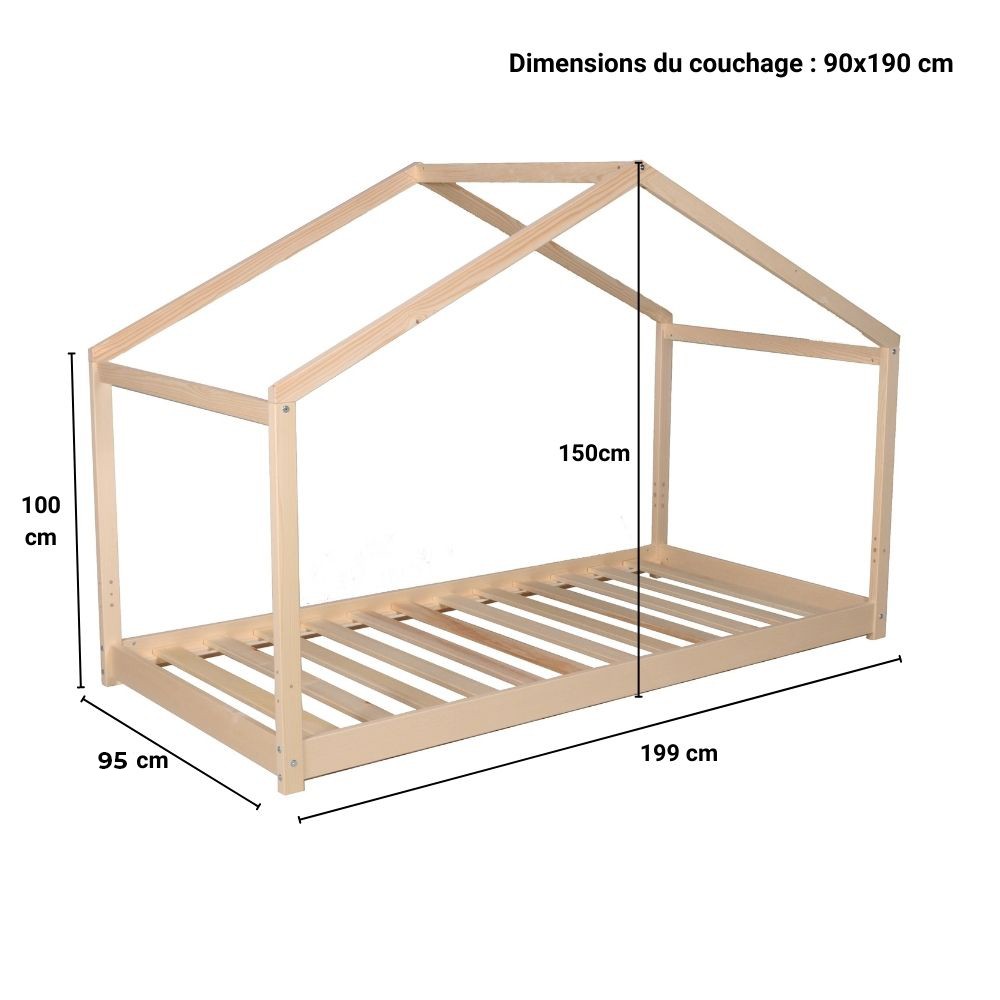 Lit Cabane KOALA 90x190 - Bois Clair Naturel + Tiroir + Sommier Inclus