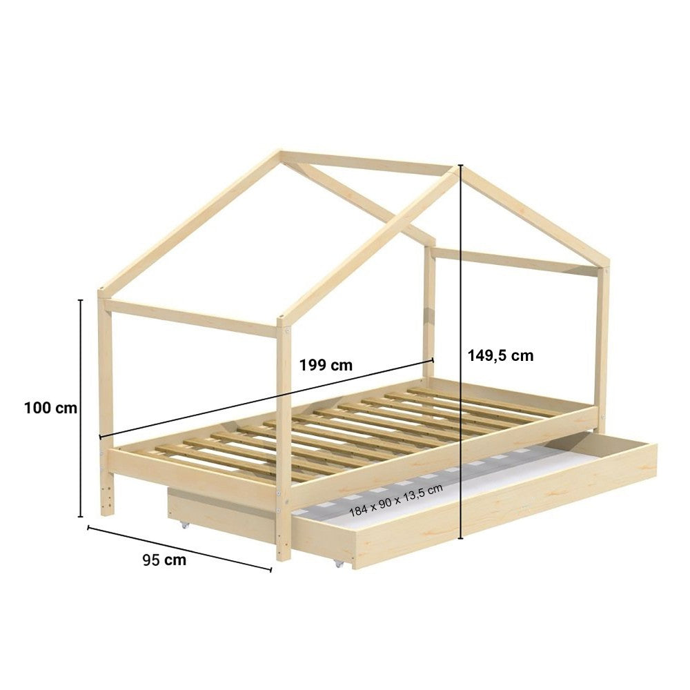 Lit Cabane KOALA 90x190 - Bois Clair Naturel + Tiroir + Sommier Inclus