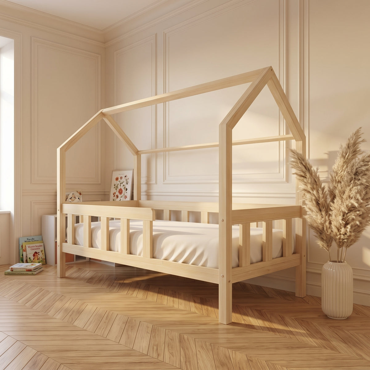 Lit cabane LOUKA surélevé de 20 cm dans une chambre d'enfant
