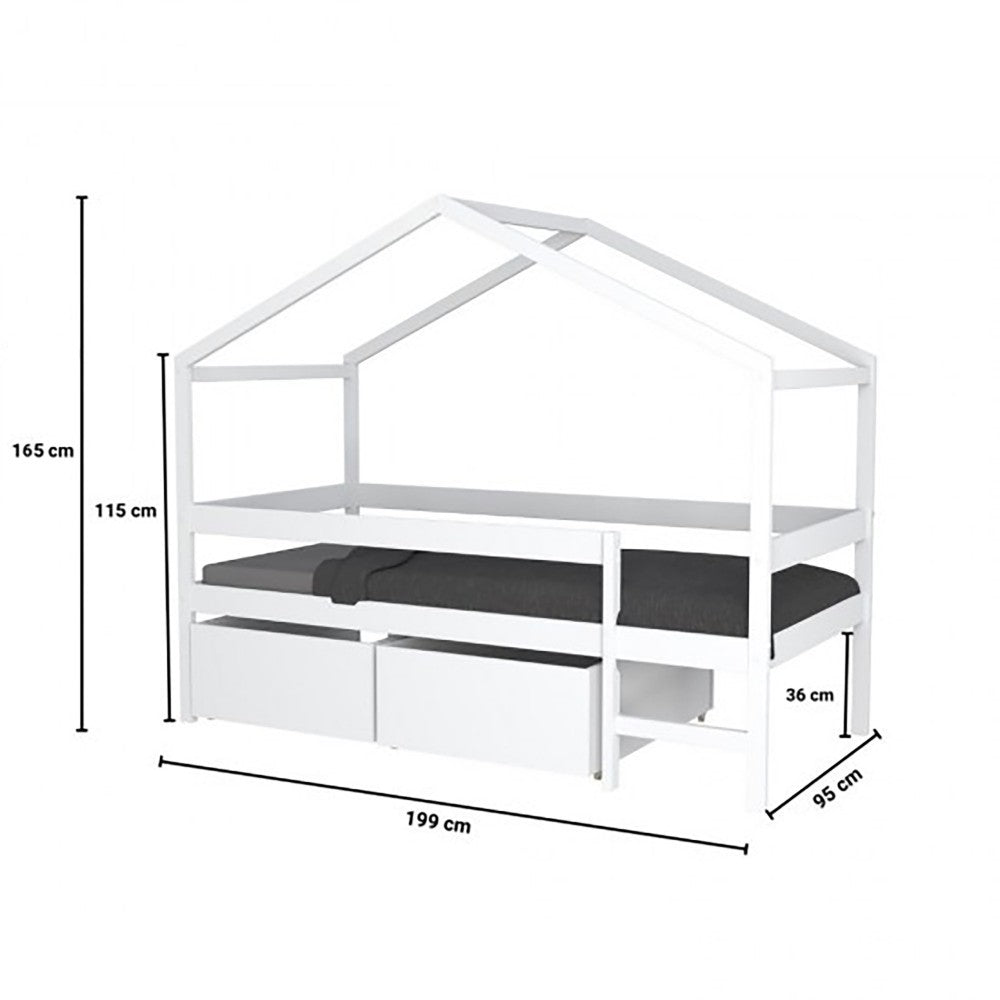 Lit Cabane MIKA 90x190 - Bois Massif Blanc + Sommier Inclus
