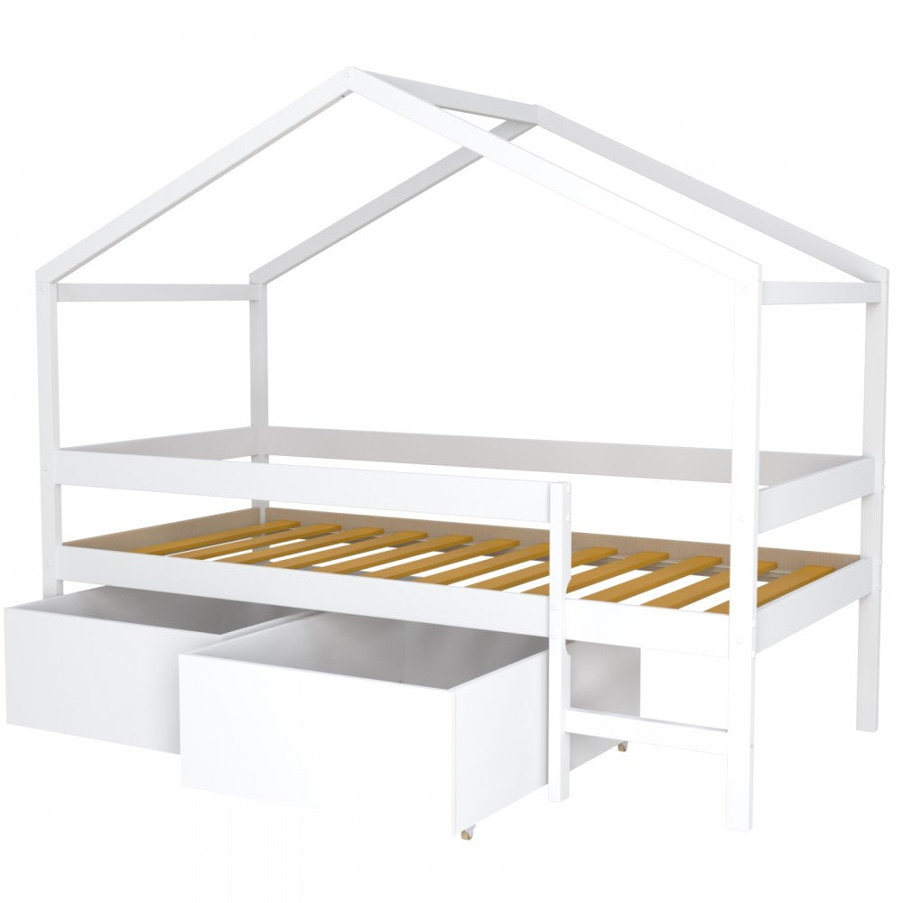 Lit Cabane MIKA 90x190 - Bois Massif Blanc + Sommier Inclus