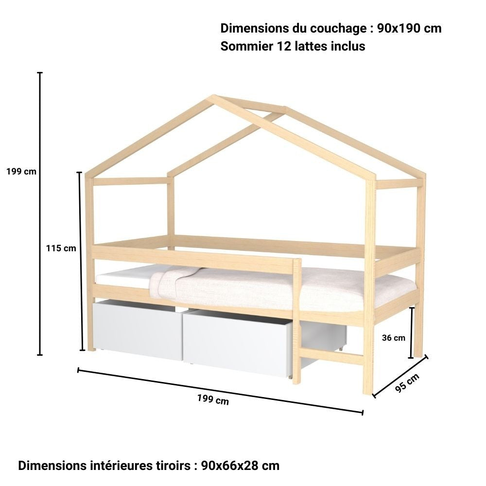 Lit Cabane MIKA 90x190 - Bois Massif Naturel + Sommier Inclus