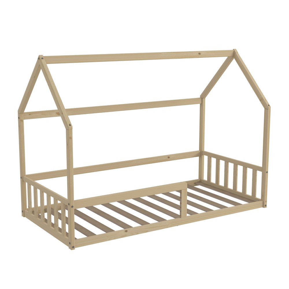 Lit Cabane NEMO 90x190 - Bois Clair Naturel + Barrière + Sommier Inclus