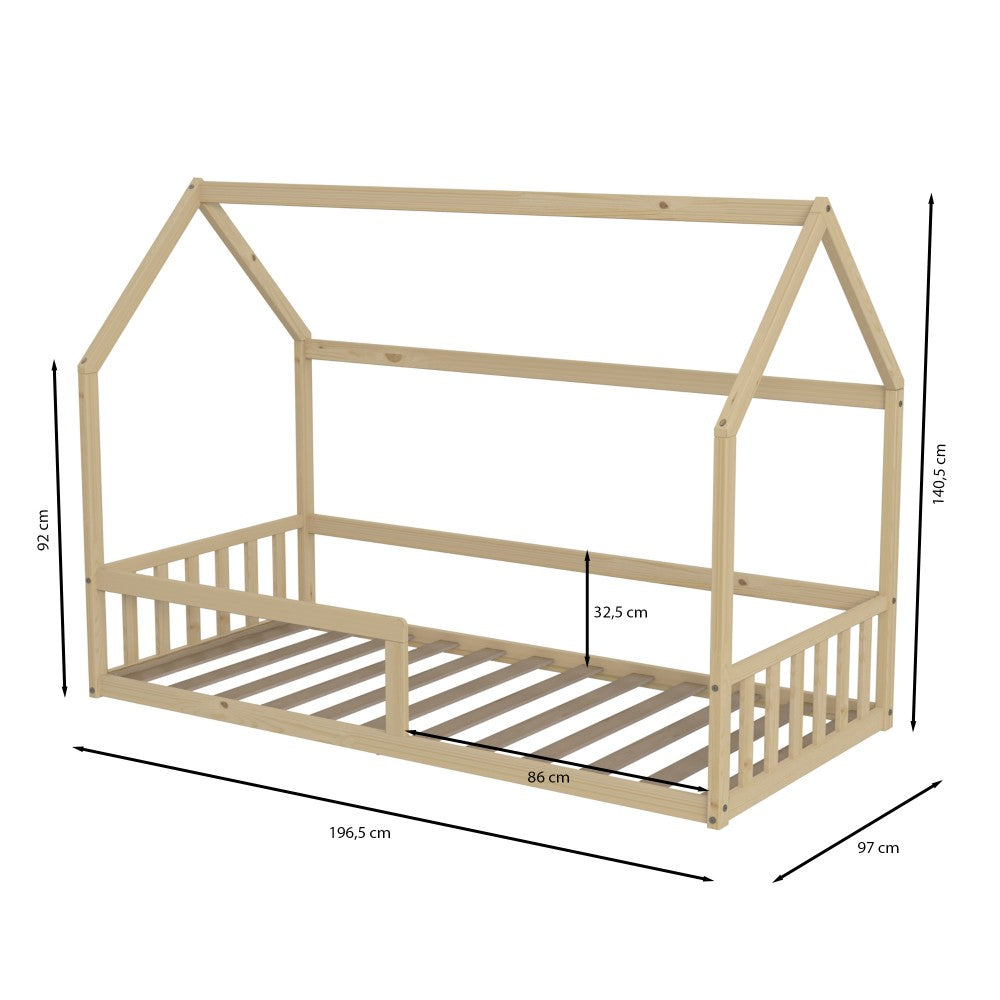 Lit Cabane NEMO 90x190 - Bois Clair Naturel + Barrière + Sommier Inclus