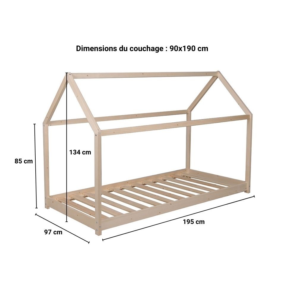 Lit Cabane PANDA 90x190 - Barrière de Sécurité + Sommier Inclus