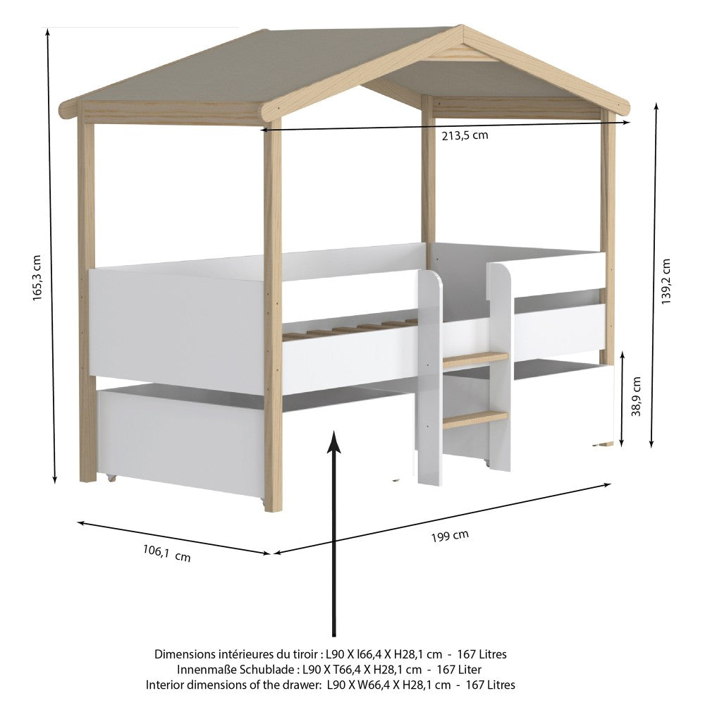 Lit Cabane PILOTI 90x190 - Blanc et Bois Clair + Sommier Inclus