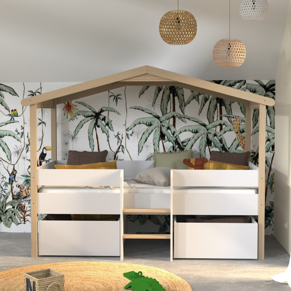 Lit Cabane PILOTI 90x190 - Blanc et Bois Clair + Sommier Inclus