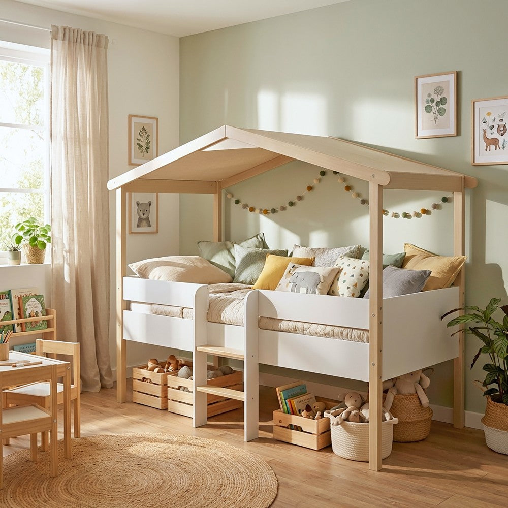 Lit Cabane PILOTI 90x190 - Blanc et Bois Clair + Sommier Inclus