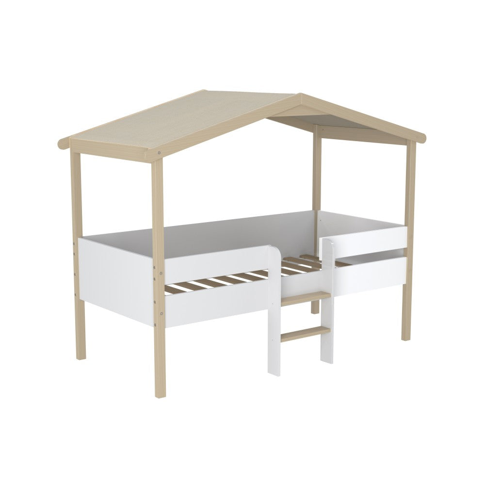 Lit Cabane PILOTI 90x190 - Blanc et Bois Clair + Sommier Inclus