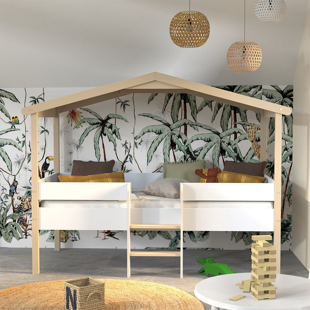 Lit Cabane PILOTI 90x190 - Blanc et Bois Clair + Sommier Inclus